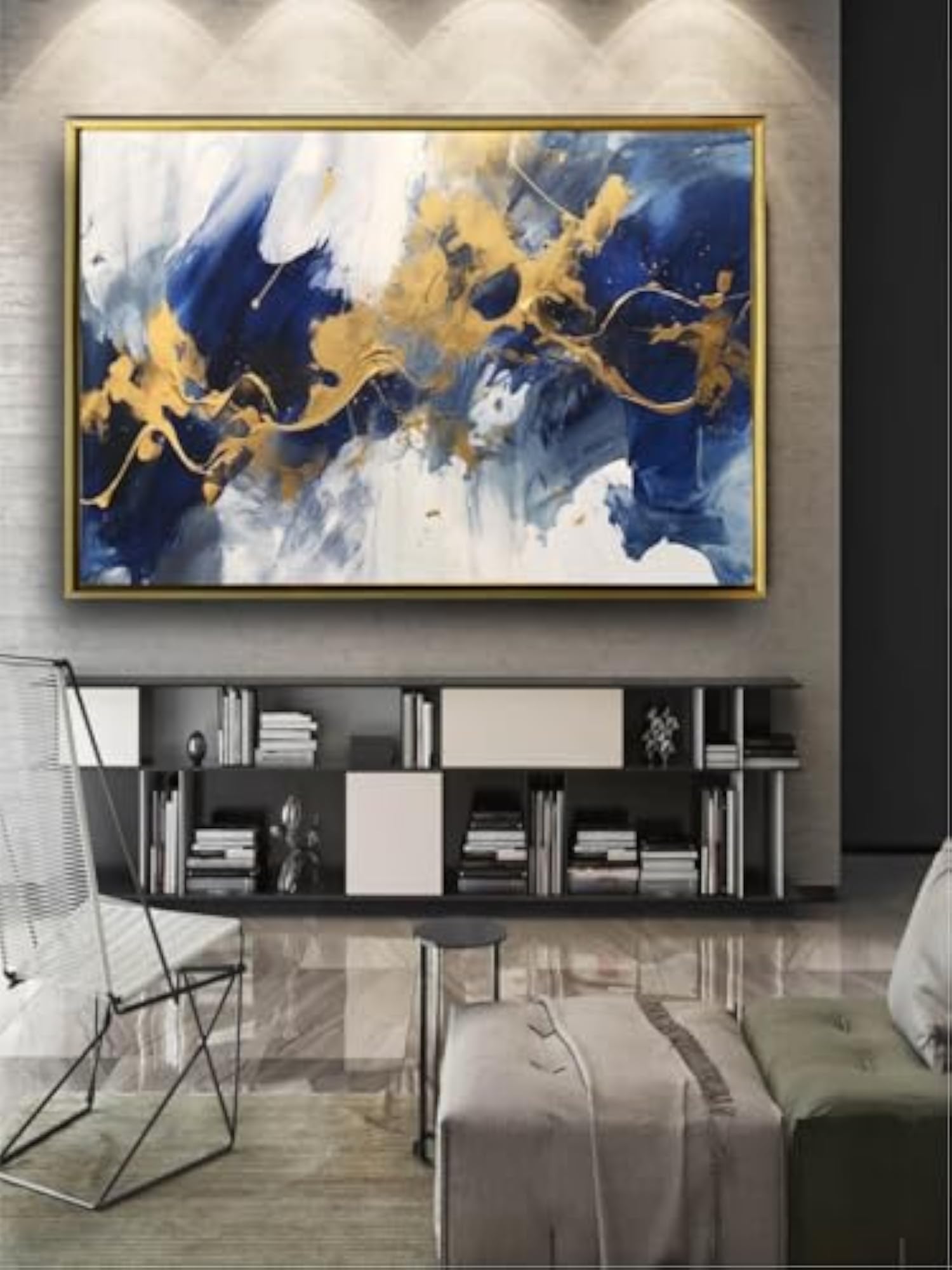 Blue & Gold Abstract Wall Art with Golden Floating Frame