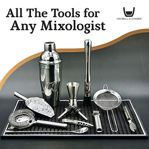 Highball & Chaser Premium Cocktail Shaker Bartender Kit With Natural Bamboo Stand. Beautiful Cobbler Cocktail Shaker Set With Bar Tools. Stainless Steel Bar Set With Stand #TOP6