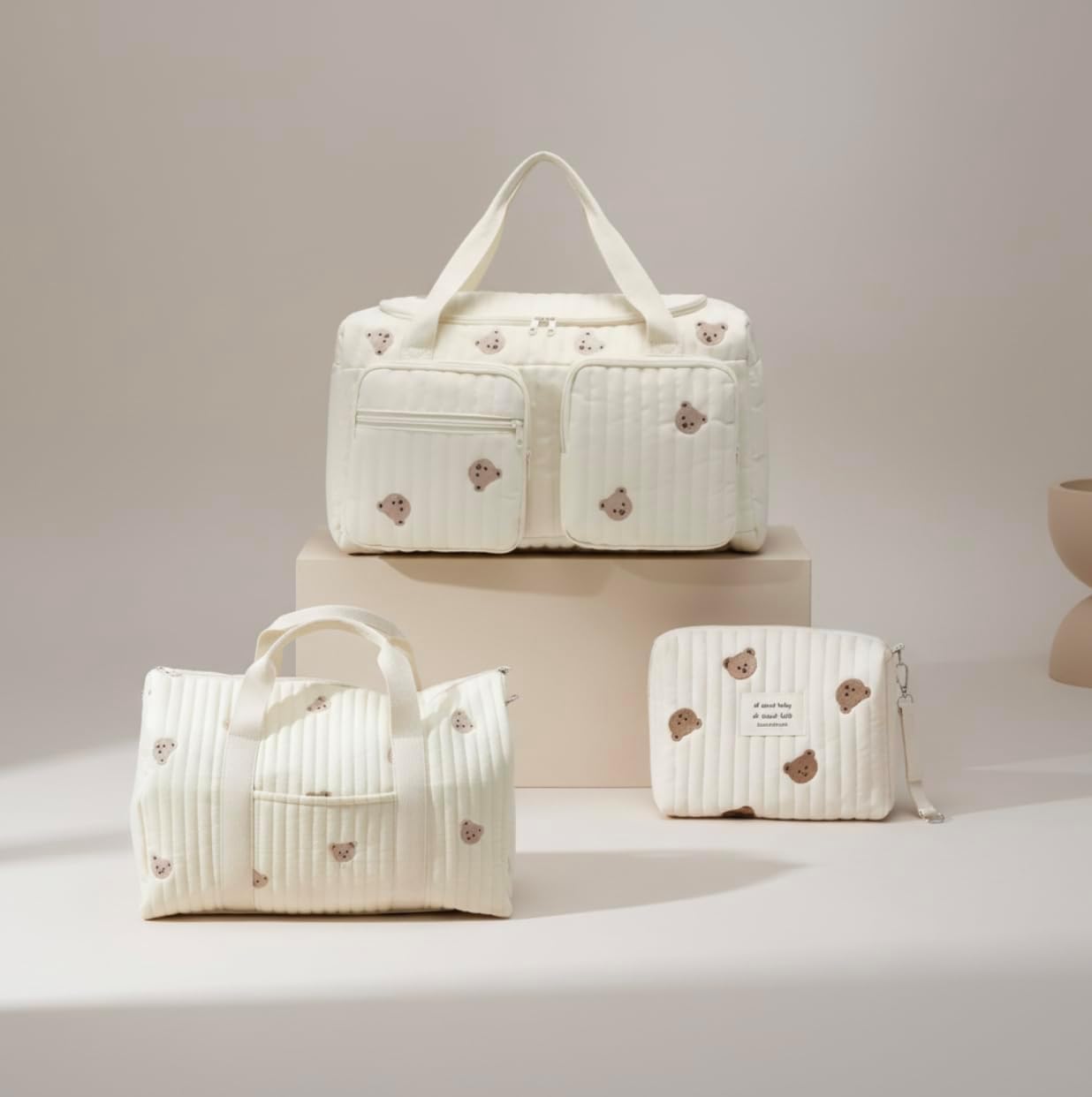 Baby Diaper Bag, Set of 3 (DUFFEL BAG + TRAVEL BAG + POUCH FULL BEARS) - Cream