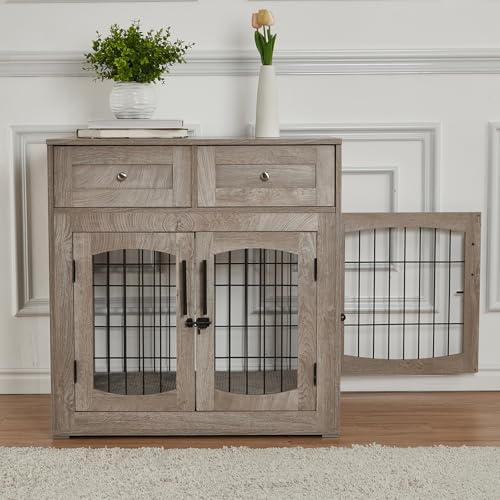 40'' Wooden Dog Crate Furniture, Farmhouse Dog Kennel Indoor Furniture Style Dogs Crate Table with 2 Drawers for Small, Medium & Large Dogs Grey by PeakPursuit - Image 4