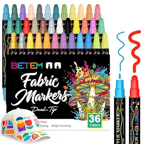 Betem 36 Colors Dual Tip Acrylic Paint Markers, Fabric Decorating Kits Premium Water-Based Acrylic Paint Pens Art Supplies for Fabric, Rock, Wood, Glass, Canvas, Ceramic, Teacher Appreciation Gift