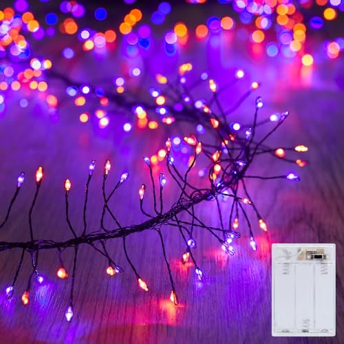 Image of Halloween Fairy Lights Battery Operated, 10 Feet 120LEDs Firecracker String Lights, Silver Wire Starry Firefly Lights for Bedroom Home Haunted House Indoor Outdoor Holiday Decorations, Orange & Purple | Waterproof Silver Wire Starry Firefly Lights for DIY Home Haunted House Indoor Outdoor Halloween Decorations, Orange & Purple
