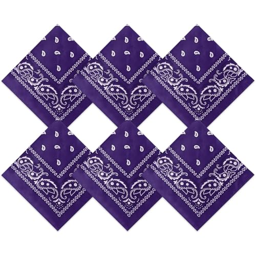 Blulu 6 Pcs Dark Purple Neon Color Cowboy Bandanas for Men Women Assorted Paisley Pattern Handkerchiefs 22 x 22 Inch Kids Headwrap Scarfs