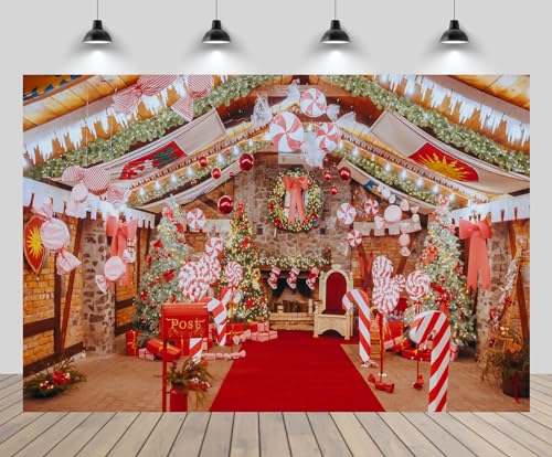 CHNYWORK 7x5ft Santa Clauss Office Backdrop Christmas Tree Candies Santa Claus Mailbox Fireplace Xmas Wreath Background Merry Christmas New Year Eve Party Decor Portrait Photo Studio Booth Props