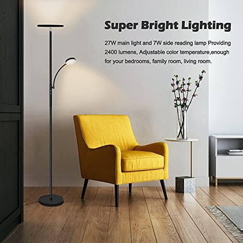 Floor Lamp,Totofac Sky LED Modern Torchiere 3 Color Temperatures Super Bright Floor Lamps,27W Main Light and 7W Side Reading Lamp for Living Room, Bedroom, Work with Remote Control & Touch Control