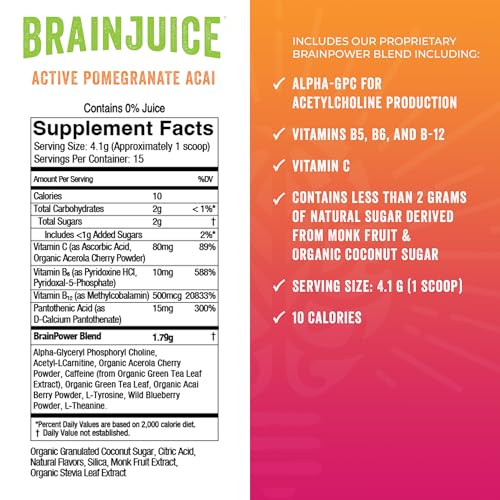 Image of BrainJuice Nootropics Brain Support Supplement, Gluten Free Powder for Energy and Focus, Drink Mix with L Theanine, Alpha GPC, Vitamin B, Organic Green Tea Extract (Active Pomegranate Acai)