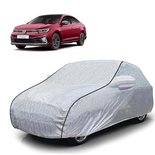 Image of Sulfar 100% Waterproof Car Body Cover Compatible with Mirror for Volkswagen Virtus (Triple Stitched, Full Bottom Elastic, Magic Silver with Black Piping)