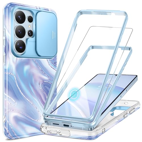 Image of GVIEWIN for Samsung Galaxy S26 Ultra Case, [Slide Camera Cover & Built-in HD Screen Protector] [2 Front Frames] Shockproof Military Grade Protective Marble Phone Case for S26 Ultra 6.9 inch (Aurora)
