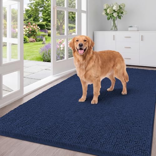 Image of H.VERSAILTEX Dog Door Mat Absorbent Dirt Trapper Non Slip Quick Dry Washable Chenille Pet Bed Mat for Mud Dogs Indoor and Outdoor((Navy, 36 inch x 60 inch)