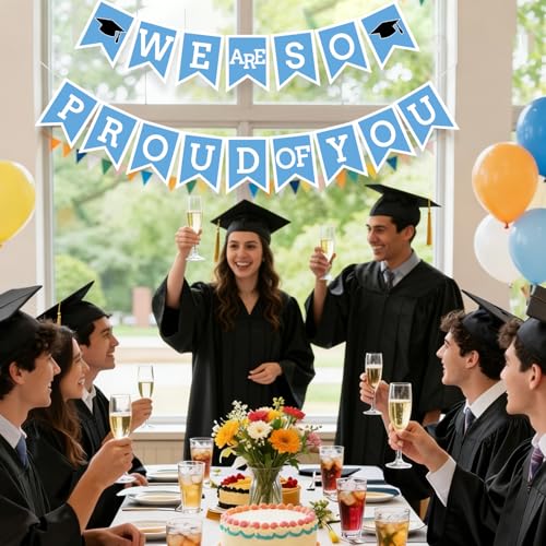 Image of Light Blue We Are So Proud Of You Banner Congrats Grad Cap Bunting Flag Grad Party Decoration Idea