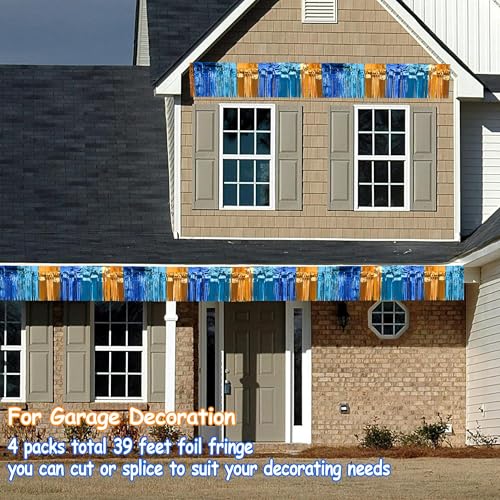 Image of 4 Packs Total 39 Ft Parade Floats for Trailer Car, Orange Blue Foil Fringe Garland Tinsel Blue Dog Themed Streamers Hanging Banner Table Skirts for Graduation Homecoming Birthday Dog Themed Party