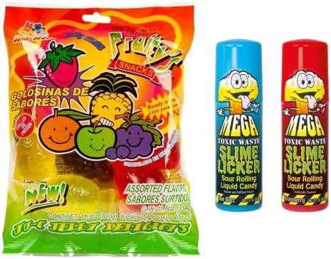 DinDon JU-C Jelly Fruit Candy and Toxic Waste Slime Lickers Bundle - Includes Blue Razz, and Red Strawberry Slime Licker Candy and JU-C Jelly Fruits TikTok Candy - Popping Jelly Fruit Candy