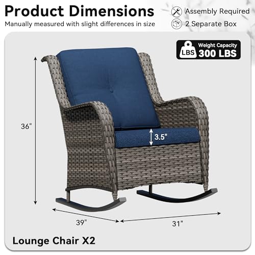 Image of Patio Rocking Chairs Set of 2, Outdoor Wicker Patio Furniture Set 2 Pieces with Thickened Olefin Cushions, High Back and Deep Seating, Hand-Woven PE Rattan for Porch, Deck, Blue