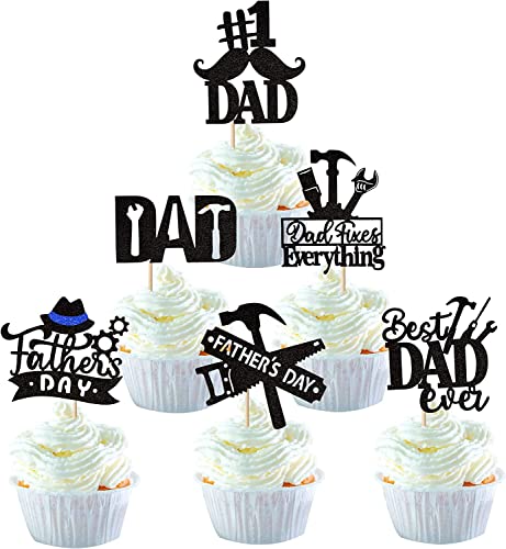 24 piezas Happy Father's Day decoración para tartas con purpurina Best Dad Ever, decoración de tarta Love Father #1 Dad Dad Tie Moustache Hat Glass Cupcake Toppers para el Día del Padre Tema Fiesta