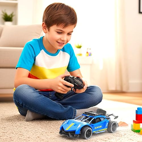 Image of Sidak 1:16 Scale RC Toy Car with Long Range 2.4 Ghz Joystick Remote Control - High Speed Durable Sports Vehicle with Rechargeable Battery - Ideal for Kids & Beginners (Blue)