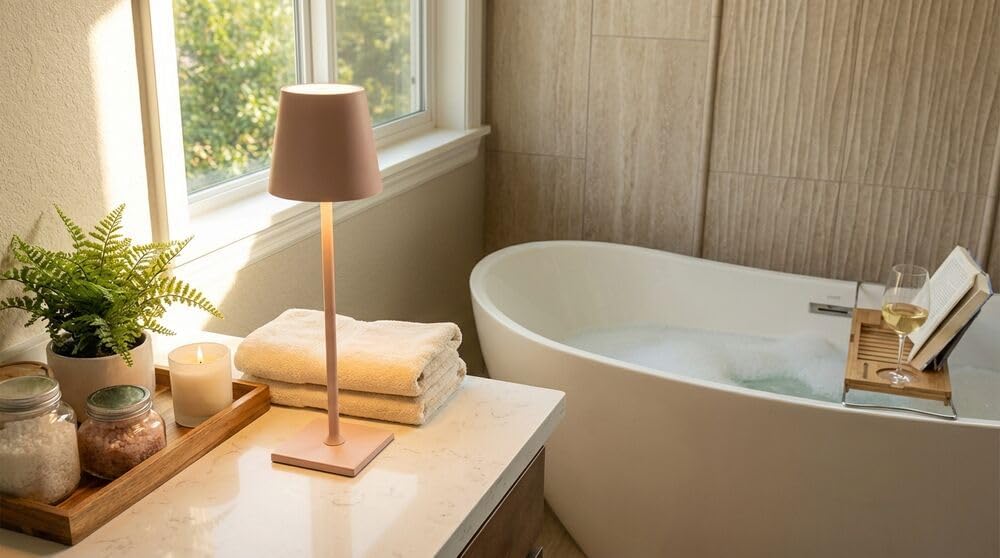 Mikasa LED Cordless Metal Table Lamp, Portable & Rechargeable 5,000 mAh Battery, 3-Color Stepless Dimming, Modern Pink Accent Light for Desk or Nightstand, 4.25 x 4.25 x 14.8 Inches