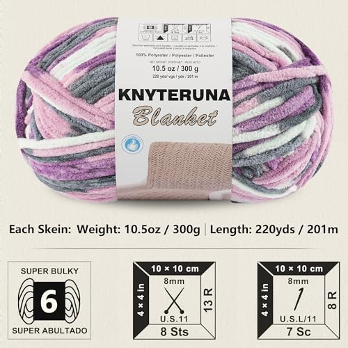 Image of #6 Super Bulky Blanket Yarn for Crocheting - 4 Skeins(Each 10.5oz /300g, 220yds /201m), Chunky Chenille Thick Plush Big Soft Yarn for Crocheting Knitting Blankets, Purple & Grey & Sky