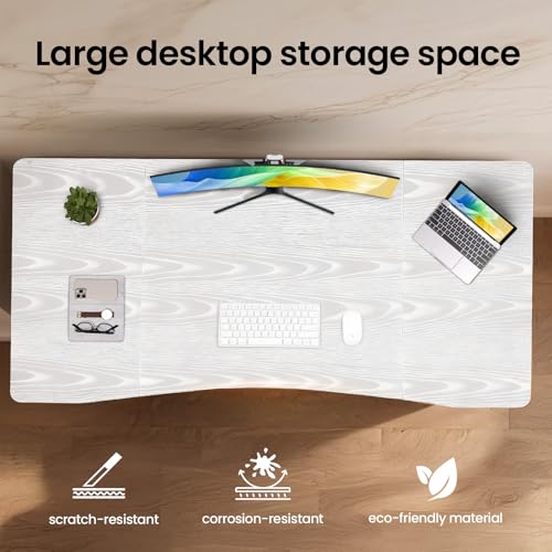 Image of Veken 63 x 28 Inch Electric Standing Desk, Sit to Stand Up, Work Home Office Computer Table for Study, Walking Pad, Writing, and Games, Wooden Desktop Desks, White