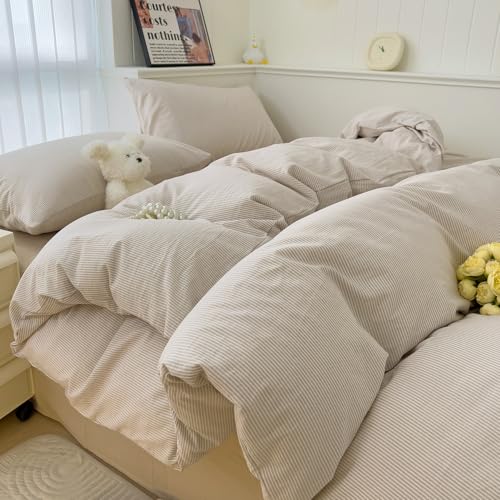Image of mixinni Tan Striped Duvet Cover Queen Size - 100% Washed Cotton Beige Pinstripe Comforter Cover with Zipper Closure, Lightweight & Breathable, 3 Pieces Minimalist Stripes Pattern Printed Bedding Set