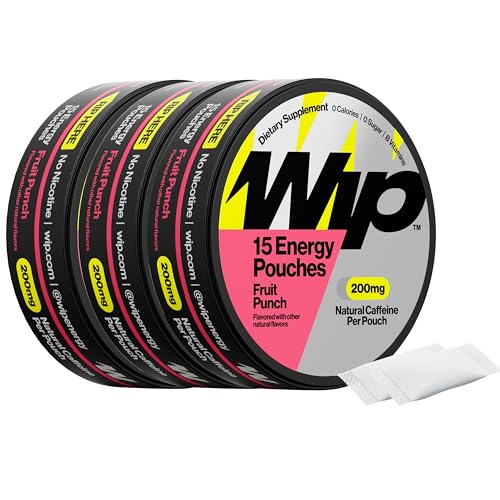 Image of Wip Energy Pouches, Sugar Free Blend with 200 MG Natural Caffeine, B Vitamins, Minerals & L Theanine for Energy Support, Pre Workout for Active Lifestyles, Fruit Punch, 3 Cans, 15 Pouches per can
