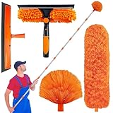 GAESHOW Kit limpiacristales telescópico, longitud retráctil de hasta 4 m, 2 en 1, quita telarañas extensible, con cepillo de microfibra y plumero para limpiar el polvo, para techos, ventanas y