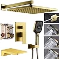 YESIMI Shower System with Tub Spout 10 Inch Overhead Shower 4 Setting Handheld Spray Rough In Pressure Balance Valve Body with Trim Kit Wall Mounted Rainfall Bathtub Shower Faucet Set (Brushed Gold)