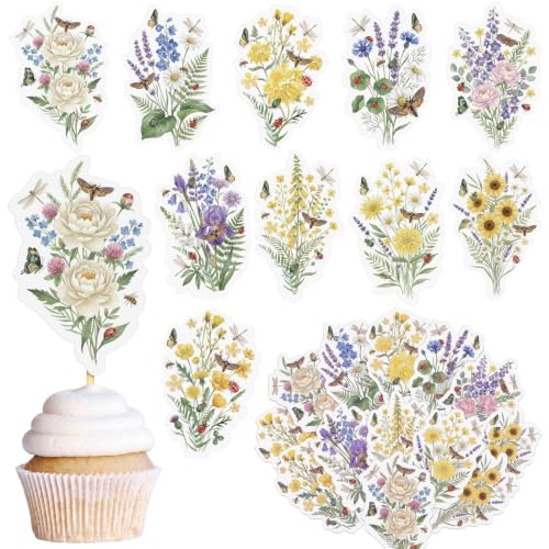 FoldTier 40 Pcs a Little Love Bug Cupcake Toppers Theme Wildflower Floral Butterfly Ladybug Paper Cake Decorations for Baby Shower Birthday Garden Spring Party Supplies and Table Decor