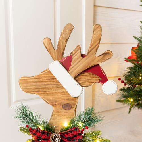 Image of Glitzhome 25.75 inchH Lighted Christmas Reindeer Porch Sign,Chunky Wood Reindeer Porch Decor with Timer,Merry Christmas Welcome Sign for Holiday Party Indoor Outdoor Xmas Decorations