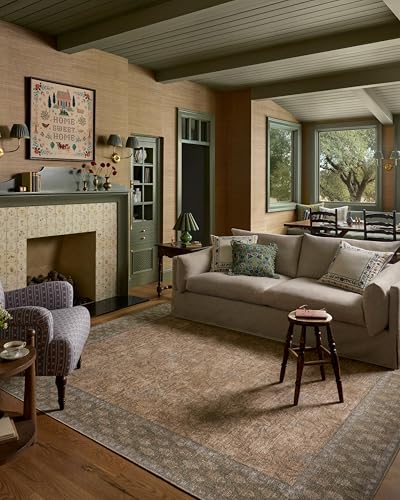 Image of Loloi Rifle Paper Co Edinburgh Sand /Green 10'-0 inch x 14'-0 inch Area Rug | EDN-01 Printed Approx. 10x14 Beige Living room Dining room Bedroom, Rustic, Elegant, Muted, Refined, Area Rug