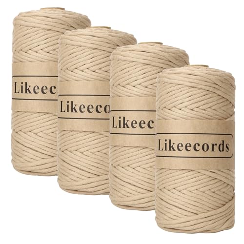 Likeecords 4 Skeins of 4mm X 80m Single Strand Macrame Cord Handmade Decorations Softer Natural Cotton Bohemia DIY Wall Hanging Plant Hanger Craft Knitting Cord Rope (Khaki)