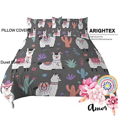 Arightex Cartoon Llama Alpaca Duvet Cover Set Gray Bedding Sets Boho Comforter Cover 3 Pieces Soft Lightweight 1 Duvet Cover And 2 Pillowcases (Full) #TOP1