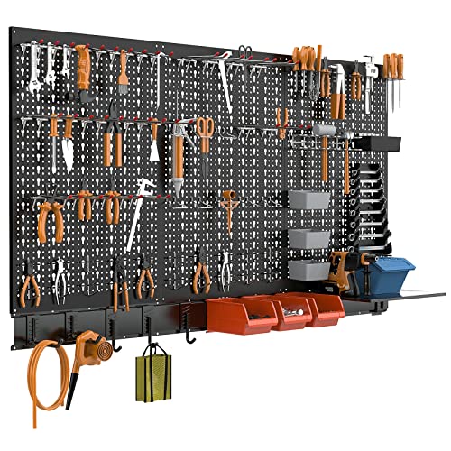 Image of TORACK Metal Pegboard Wall Organizer System for Garage, 109 PCS Pegboard Accessories Tool Organizer Kit with Pegboard Bins, Hooks, Tool Storage Peg Board for Workbench(Black)