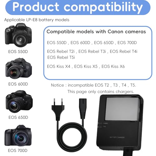 LP-E8 Akku Ladegerät für Canon EOS 550D 600D 650D 700D, Digitalkamera Schnellladegerät für EOS Kiss X4 X5 X6i X7i für LC-E8 LP-E8 Akku, Camera Battery Charger für Rebel T2i T3i T4i T5i SLR Kameras
