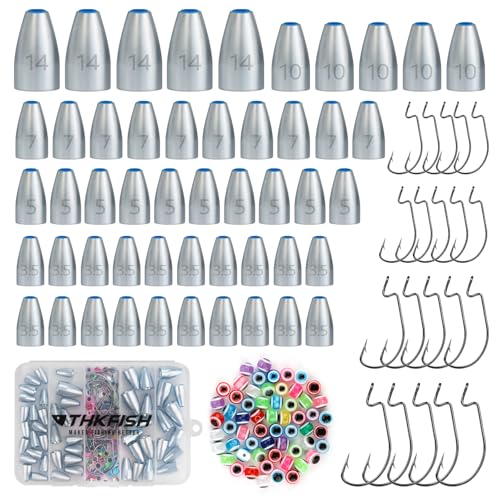 THKFISH Tungsten Worm Weights Kit, 120PcsTungsten Bullet Fishing Weights with Soft Plastic Core,Eye Beads,Fishing Hooks, Bullet Fishing Sinker Weights Kit for Bass Texas Carolina Rigs