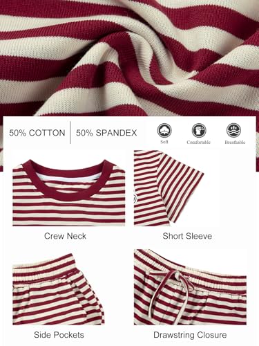 Image of QLIPIN Striped Two Piece Set for Women 2 Piece Lounge Sets Summer Outfits Stripes Shirt and Shorts Set