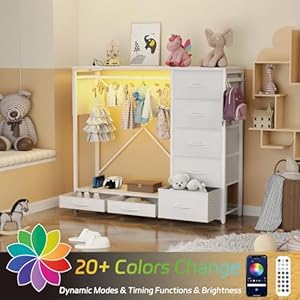 Dresser for bedroom with hanging rack 7 drawer clothes storage chest with lights and charging station wardrobe dresser with hooks and pocket wood top nursery white  urban country home decor