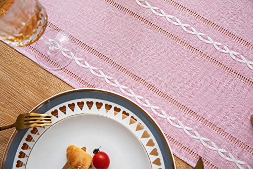 Zeemart Farmhouse Table Runner, Rustic Table Runners 90 Inches Long, Linen Boho Table Runner, Braided Striped Pink Table Runner For Dining Party Holiday, 15X90 Inches, Hollow Pink #TOP5