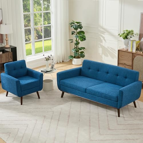 Image of Kingfun Living Room Furniture Sets, Standard & Accent Chair, Mid Century Modern Decor Sofa Couches, Button Tufted Upholstered Furniture, Blue | linen fabric