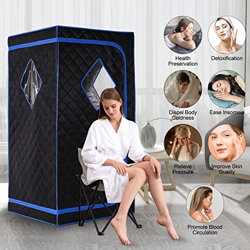 ZONEMEL Personal Portable Steam Sauna, Full Size Sauna Tent, 1500 Watt 4 Liter Steamer with Remote Control, Timer, Portable Sauna Chair for Home Saunas (L 33.8\" x W 33.8\" x H 65.7\", Blue Border)