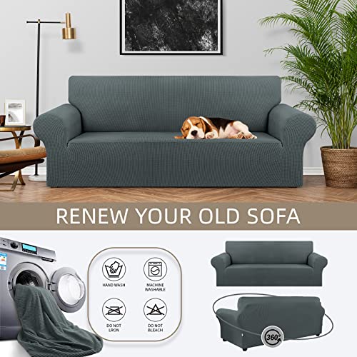 KEKUOU Stretch Sofa Cover Slipcover ,Couch Covers for 3 Cushion Couch Sofa (78"-94") Furniture Protector 3 Seater Sofa with Elastic Bottom for Kids,Dog, Jacquard Small Checked(Large,Grey)