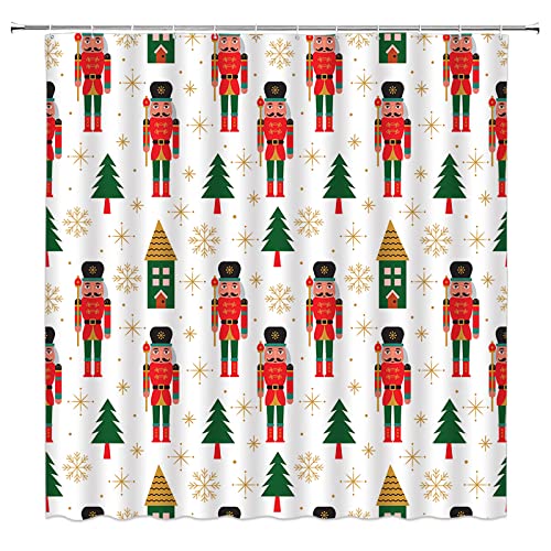 Merry Christmas Shower Curtain Cartoon Xmas Gift Green Christmas Tree Snowflake Cute Kids Winter Holiday Seasonal Festival Fabric Bathroom Decor Curtain with Hooks