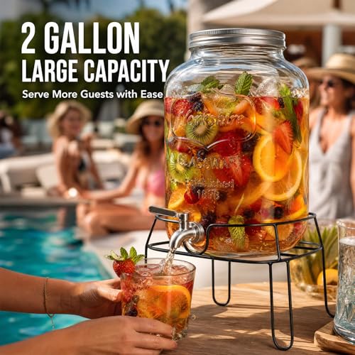 Image of 2 Gallon Glass Drink Dispensers For Parties,Beverage Dispenser with Stand,304 Stainless Steel Spigot Leakproof,Silicone Spigot Cover,Lemonade Dispenser for Sun Tea, Homemade Juice