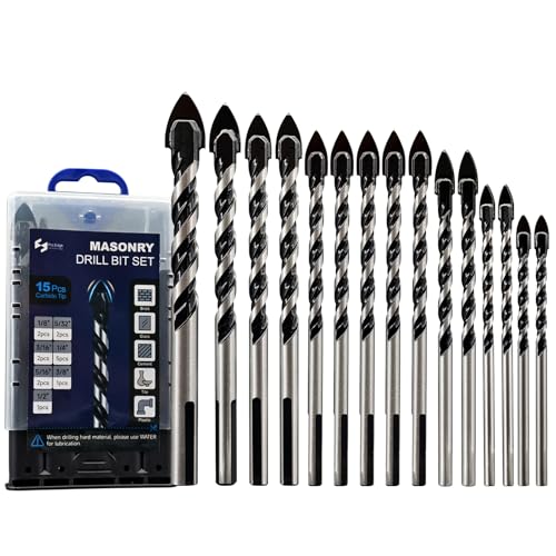 Pro Edge 15PCS Masonry Drill Bit Set, 1/8" to 1/2" Carbide Drill Bits Set Industrial Strength Carbide Bit Tip for Tile Glass Ceramic Brick Wood Plastic Cement