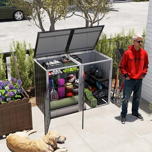 Image of KEIKI Outdoor Garbage Bin Shed for 2 Trash Cans, 54 Cu.Ft Metal Trash Can Storage with Hydraulic Lift Lid, Galvanized Steel Lockable Enclosure for Yard, Garden, Patio, Dark Gray