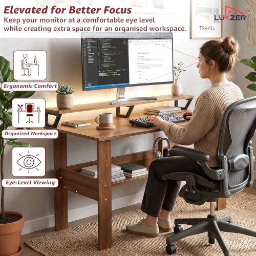 Image of Lukzer Study Table with Monitor Riser & Open Book Shelf (MST-004 /Oak Brown) Engineered Wood Computer Table for Laptop, PC & Home Office, DIY Office Desk with Storage Organizer Shelf (90 x 86 x 50cm)