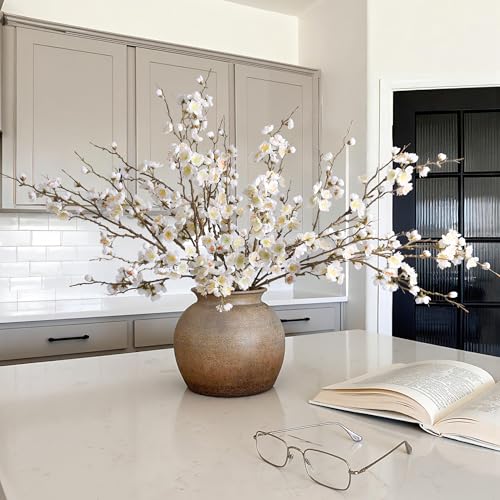 florisso 6 PCS Artificial Cherry Blossom Branches Spring Indoor Decoration, Faux Flowers 34.45\" Long Stems Plum Fake Peach Plants Real Touch Silk for Wedding Home Bedroom Party Table Office, White - Thumbnail 6