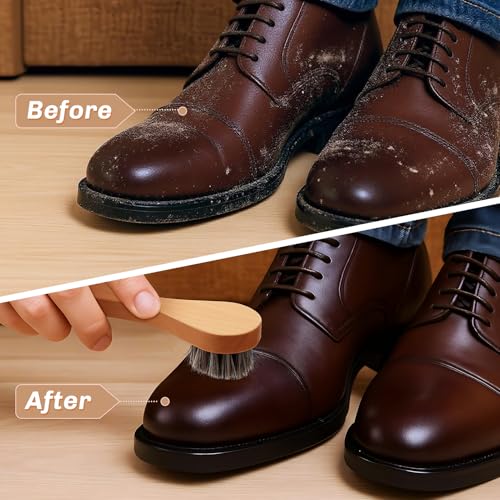Image of 4 Pcs Horsehair Shine Shoes Brush Kit Polish Dauber Applicators Cleaning Leather Shoes Boots Care Brushes Suede Cleaner Brush with Microfiber Shoe Cloth(Wooden Handle B)