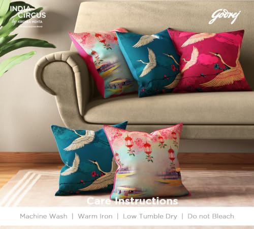 Image of India Circus by Krsnaa Mehta Lakeside Crane Flight Multicolor Satin Blend Cushion Pillow Covers Set of 5 (16 X 16 Inches)