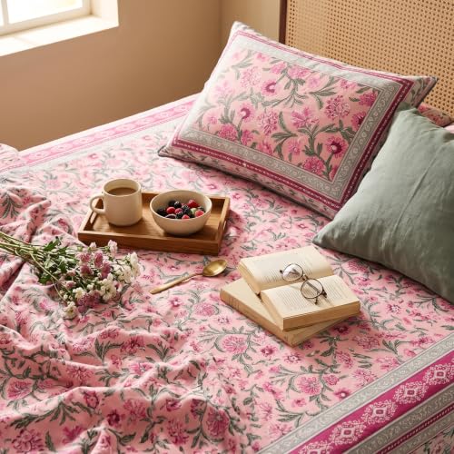 Image of Naksh Queen Size Bed Sheet Pink Floral Print 2 Pillow Covers | Pink Botanical Floral Print | Heritage Design for Queen Size Bedrooms