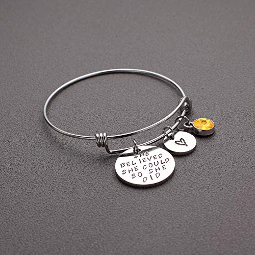 Image of LIUANAN Stainless Steel Inspirational Encouragement Bracelet She Believed She Could So She Did Expandable Bangle Birthstone Charm Cuff Bracelet